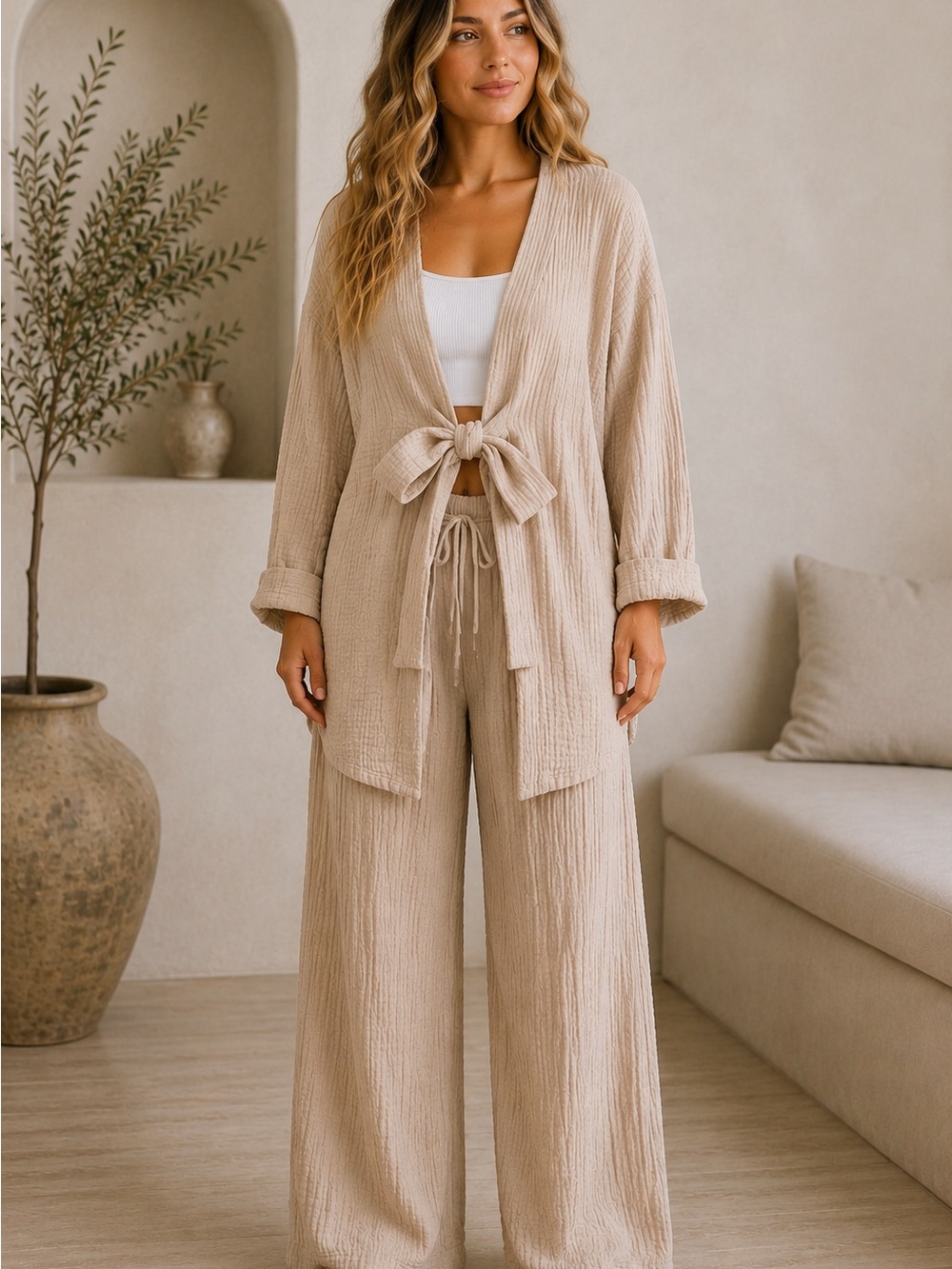 Pull & Bear Muslin Crepe Kimono Top and Wide Leg Pants Set